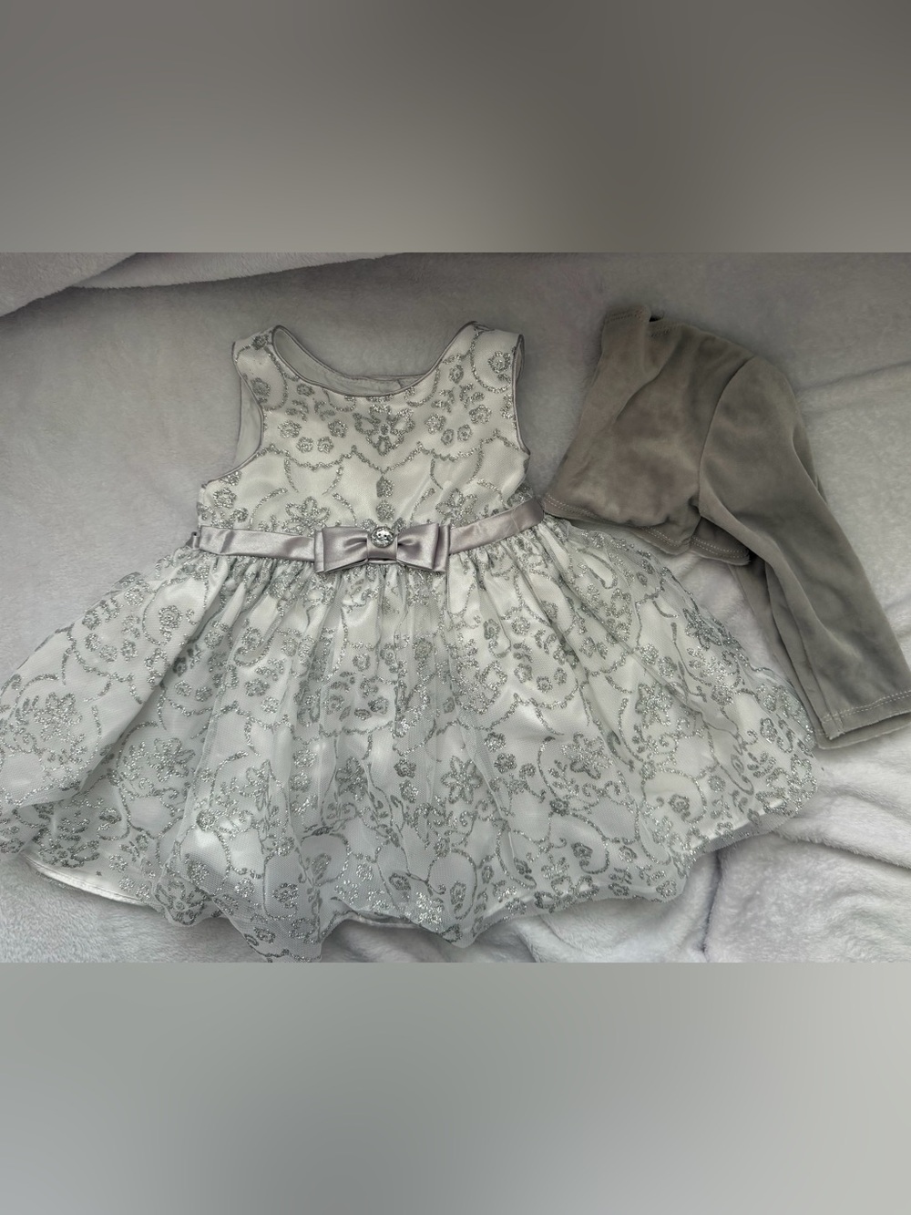 Silver Glitter Floral Tulle Bow Dress & Cardigan
